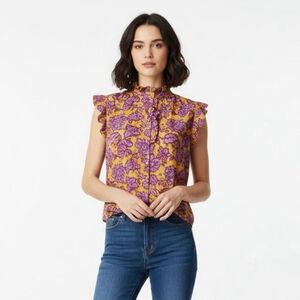 Xirena Yellow/Purple Floral Print Ruffle Neck Cotton Silk Blouse - XS